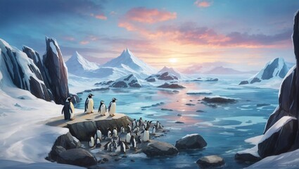 Penguin habitat iceberg in polar regions - obrazy, fototapety, plakaty