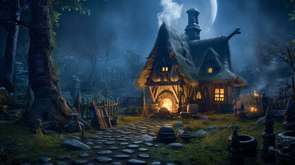 Fototapeta na wymiar Spooky Halloween cottage in the woods