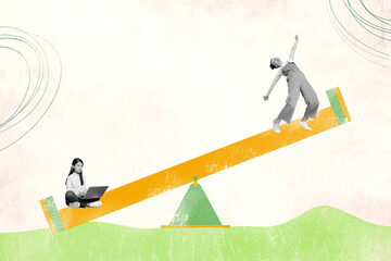 Collage photo banner of two different girl one nerd against stupid carefree teenager staying swing...