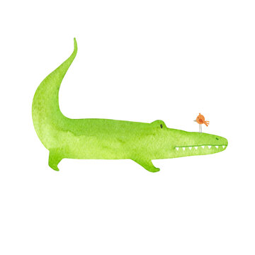 Watercolor illustration of a crocodile isolated on a white background