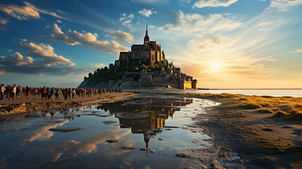 Fototapeta premium Night Sky Reflected in the High-Tide Waters Around Mont Saint-Michel