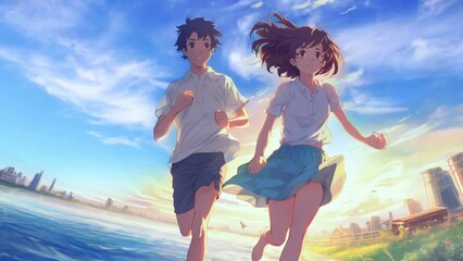 young couple running at the park with anime illustration style, 4K animated background - Powered by Adobe