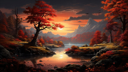 Beautiful autumn colored landscape at evening with river and mountains, AI Generated