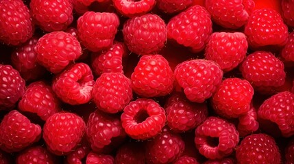 close up of raspberries on a red background