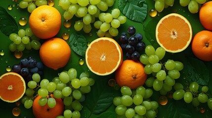 oranges and grapes on a green background