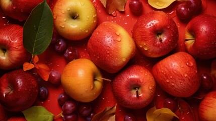 apples and grapes on a red background