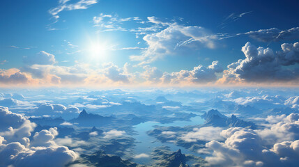 Naklejka na ściany i meble Bright Blue Cloudy Sunny Sky on Mountains Cloudscape Background