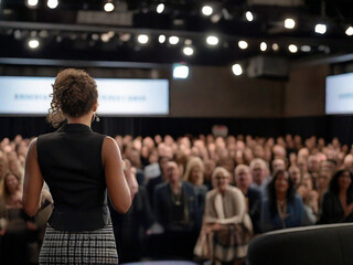 Energetic Female Business Motivational Speaker Engaging Back View, Confident Expressions, and Audience Enthusiasm