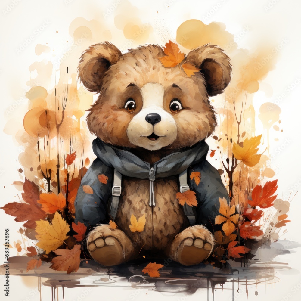 Wall mural Cute autumn watercolor baby bear isolated - Wall murals