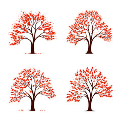 Set of autumn trees with red leaves isolated on white background