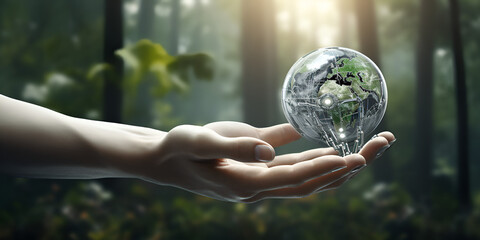 Ecology concept, earth crystal glass globe ball in human hand, Saving environment, save clean planet. concept for environment conservation, protect ecology earth and environmental eco-friendly life.