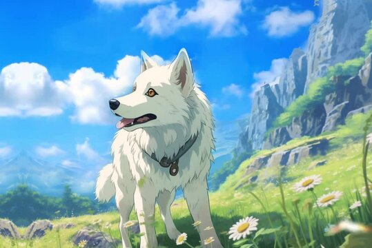husky standing on a mountain in the background of mountains and forests