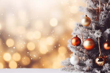 Fototapeta na wymiar Decorated Christmas tree on blurred bokeh background.