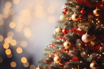 Fototapeta na wymiar Decorated Christmas tree on blurred bokeh background.