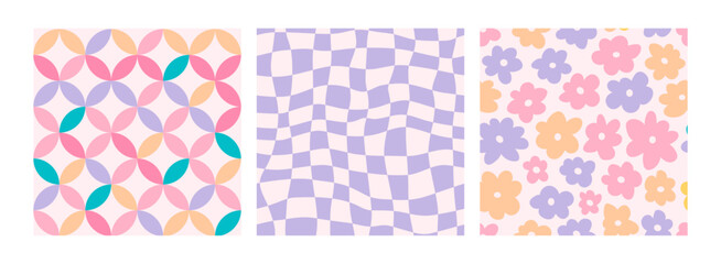 Hippie checkered seamless patterns with daisy flowers, groovy checkerboard backgrounds. Funky vintage aesthetic floral fashion textile print, retro psychedelic waves pattern with daisies vector set