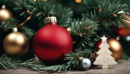 Obraz na płótnie Canvas closeup of red christmas ball on decorated christmas tree and star, generative AI