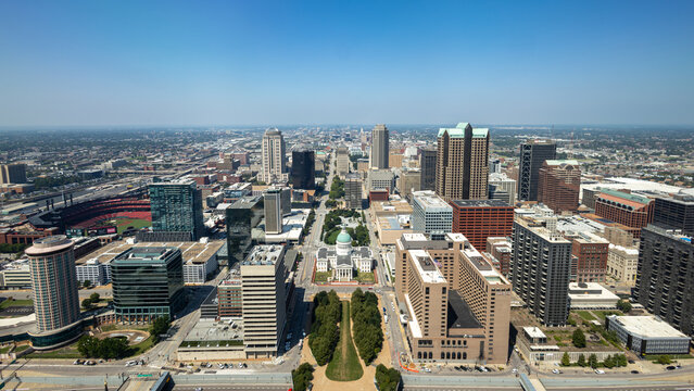 View of St. Louis on a sunny day from the top of the arch