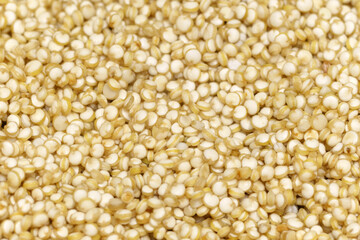 Close-up macro shot of the dry light quinoa grains lying on a flat surface.