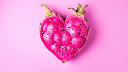 Generative AI, dragon fruit heart, pink juicy ripe pitahaya, exotic fruits, valentine, valentine's day card, carving, table decoration, space for text, top view