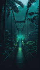 Fototapeta premium A Suspension Rope Bridge in The Misty Green Jungle