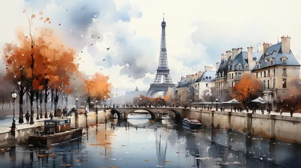 Schilderijen op glas City View of Paris Harbor Watercolor Art Painting © Image Lounge