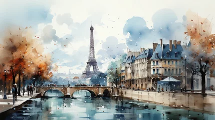 Fototapeten City View of Paris Harbor Watercolor Art Painting © Image Lounge
