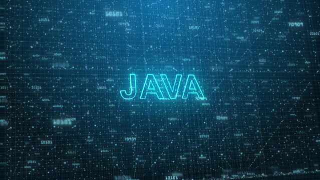 Java Text on Futuristic Cyberspace Background. 3D Grid and Binary Numbers.