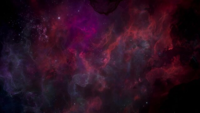 Orange and purple galaxy nebulae and stars and flight through space. Slow Camera track among shining nebula. artistic concept 3D animation for space exploration and science fiction.