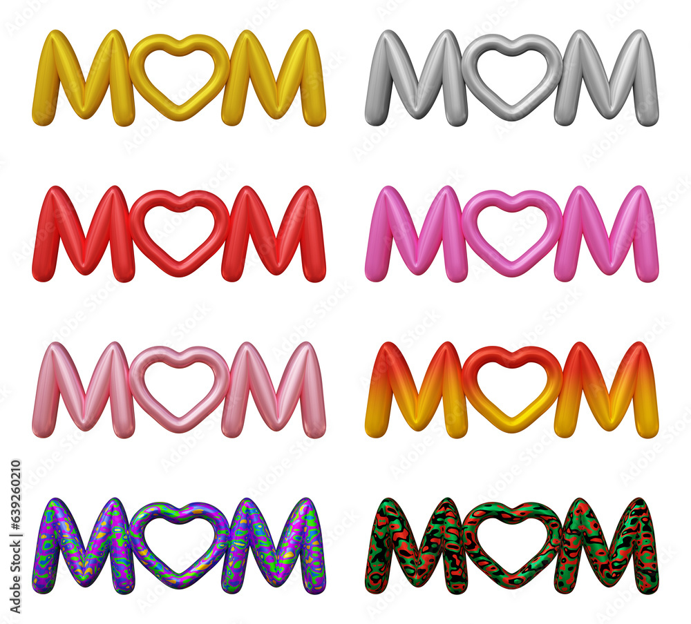 Poster set of mom text design with heart shape in the middle isolated on transparent background in 3d rende