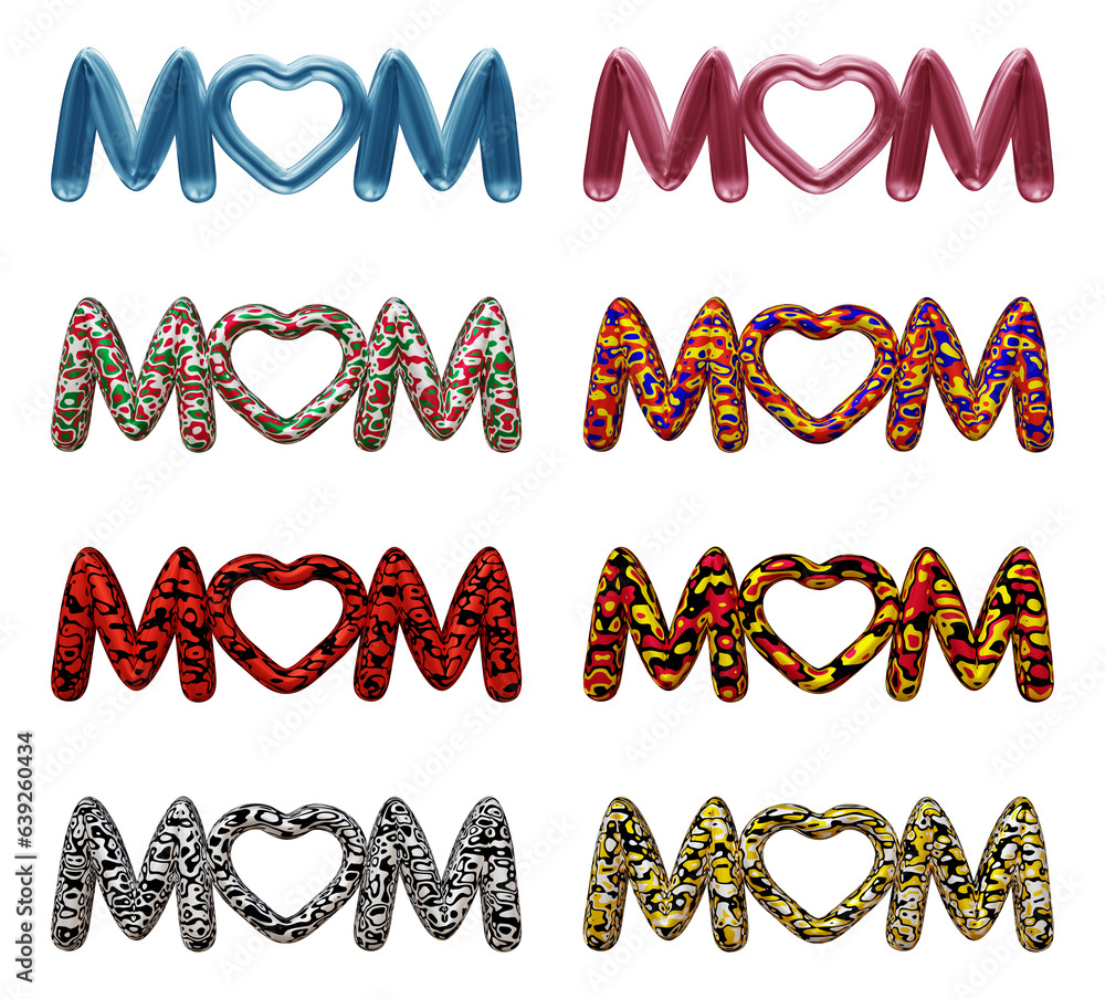 Poster set of mom text design with heart shape in the middle isolated on transparent background in 3d rende