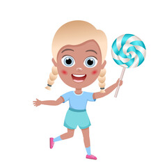 child licks lollipop. happy cute little kid boy and girl eat candy and sweets. Unhealthy eating. Lollipop