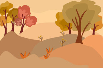 Autumn leaves concept,  Image of trees, wide fields, brown tones, Color yellow, gold.