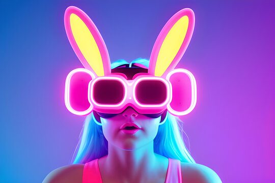 Woman easter bunny in VR goggles illuminated with pink light neon blue. Studio shot