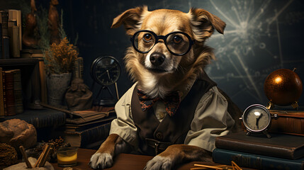 A dog standing in front of a chalkboard