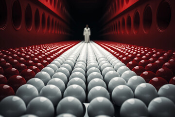 Obraz premium A person standing in the center of a red & white pattern. Generative AI