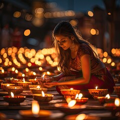 Illustration of Indian holiday Diwali with beautiful woman and candles
