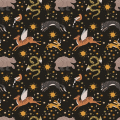 Dark fairy tale, animals hare, wolf, bear, deer. Stars, night. Seamless pattern. Vector illustration