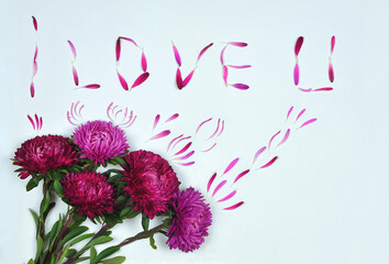 bouquet of  bright pink and magenta asters flowers   and a declaration of love made of petals on a white background. Top view, flat lay. Free copy space.