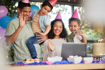 Family video call, birthday party and kids with laptop, cake or celebration for support, wave or...