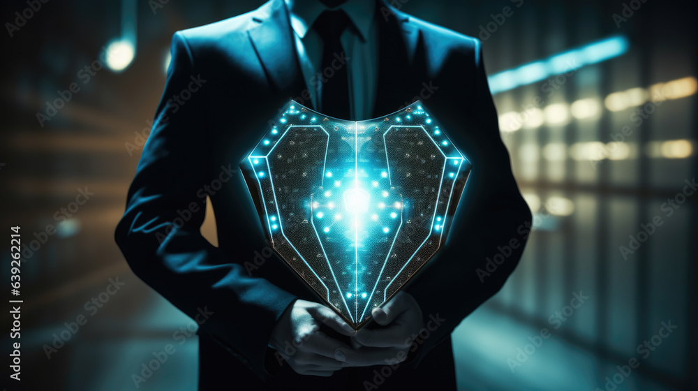 Poster data protection and network security concept. glowing light shield on business man hand for internet