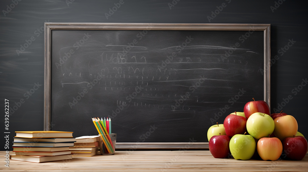 Aufkleber back to school background with books and apples over blackboard.created with generative ai technolog