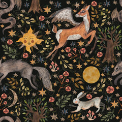 Dark fairy tale, animals hare, wolf, bear, deer. Stars, night. Seamless pattern. watercolor illustration