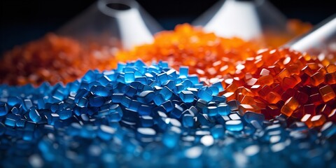 View of reused recycled plastic materials up close. AI generation.