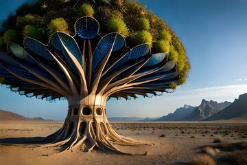 tree in the desert, inspiring biotechnology gigantic tree, adorned with pulsating bioluminescent leaves, situated in an otherworldly desert