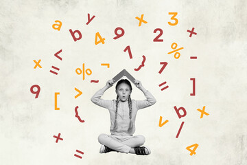 Photo collage of surprised omg little schoolgirl cover head against numbers dont like mathematics afraid isolated on beige background