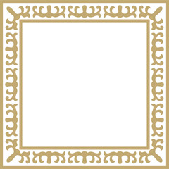 Vector golden square Kazakh national ornament. Ethnic pattern of the peoples of the Great Steppe, Mongols, Kyrgyz, Kalmyks, Buryats. Square frame border..