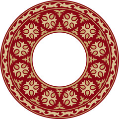 Vector red and gold round Kazakh national ornament. Ethnic pattern of the peoples of the Great Steppe, Mongols, Kyrgyz, Kalmyks, Buryats. circle, frame border..