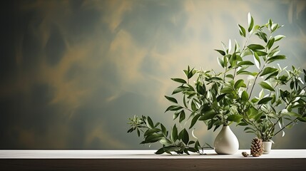 Plant leaves cast a blurry shadow on the white wall. Minimal abstract background for product presentation. Spring and summer.