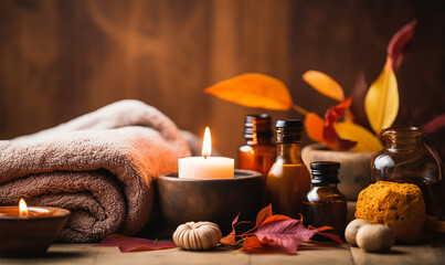 Autumn spa and aromatherapy setup, Displaying elements like aromatic candles, essential oils infused with autumn herbs, and dried fall leaves - obrazy, fototapety, plakaty