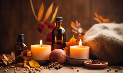 Obraz na płótnie Canvas Autumn spa and aromatherapy setup, Displaying elements like aromatic candles, essential oils infused with autumn herbs, and dried fall leaves